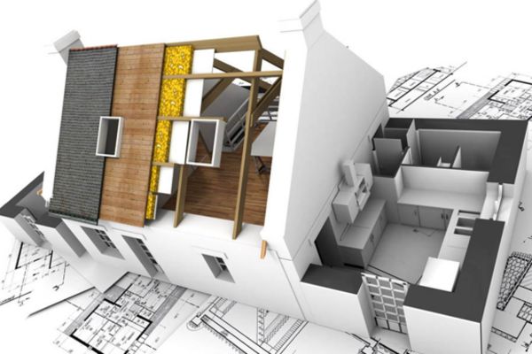 A cutaway model of a two-story building shows detailed interiors and materials, displayed atop floor plans.